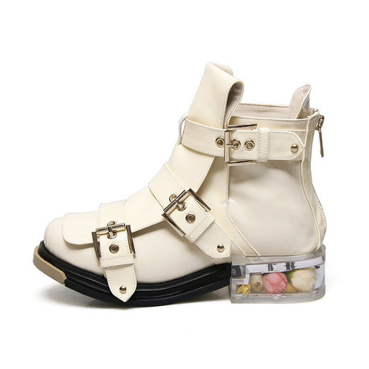 New Spring Autumn Studded Buckle Ankle Boots Transparent Heel Patent Leather Back Zip Martin Boots Fashion Short Boots Women - LiveTrendsX