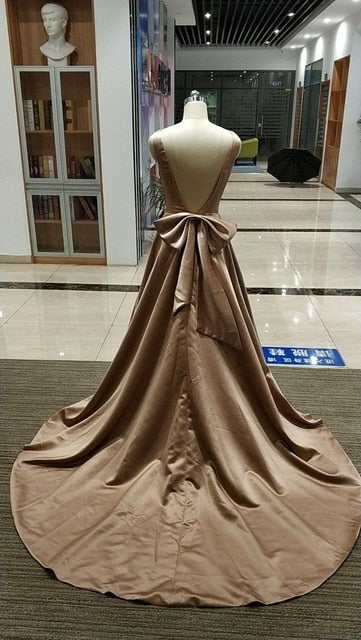 Boho A-line Jewel Backless Wedding Dress Chapel Train Satin Bridal Dress Bow On Back Country Wedding Bride Dresses - LiveTrendsX