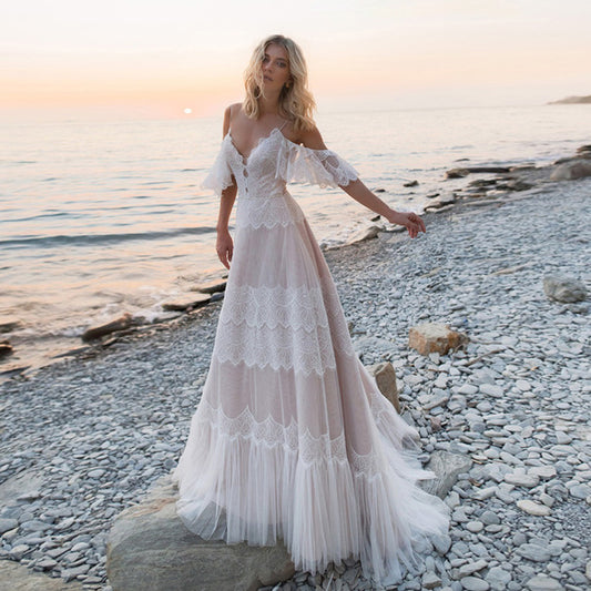 Spaghetti Straps Bohemian Boho Beach Wedding Dresses Nude Champagne Off the Shoulder Bridal Dresses vestidos de renda - LiveTrendsX