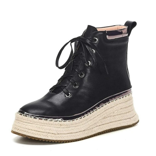 waterproof thick bottom cow leather mixed colors lace up round toe high heels winter women new punk ankle boots - LiveTrendsX