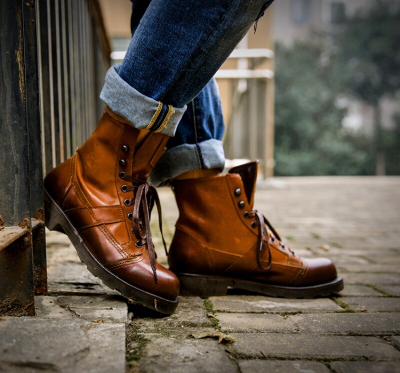 メンズ本革冬用暖かいミリタリーブーツ