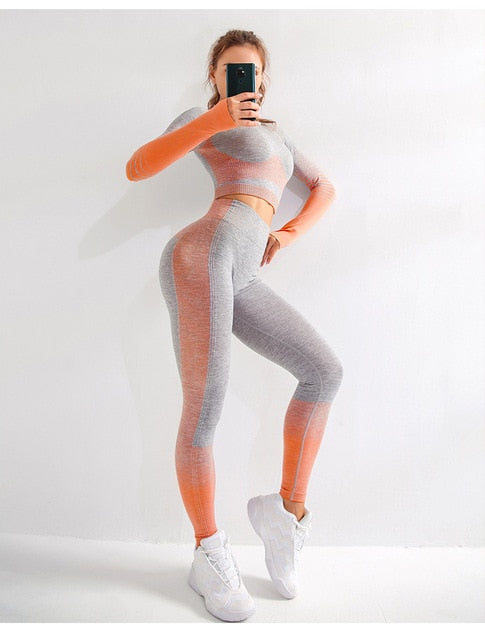 Seamless Female Yoga Set Long Sleeve Top High Waist Belly Control Sport Leggings Gym Clothes Seamless Sport Suit canbe alone buy - LiveTrendsX