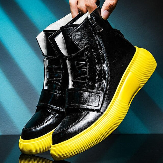 New Fashion Black White Yellow High-Tops Sneakers Men Genuine Leather Ankle Boots Side Zipper Man Schoes With Fur Heren Schoenen - LiveTrendsX