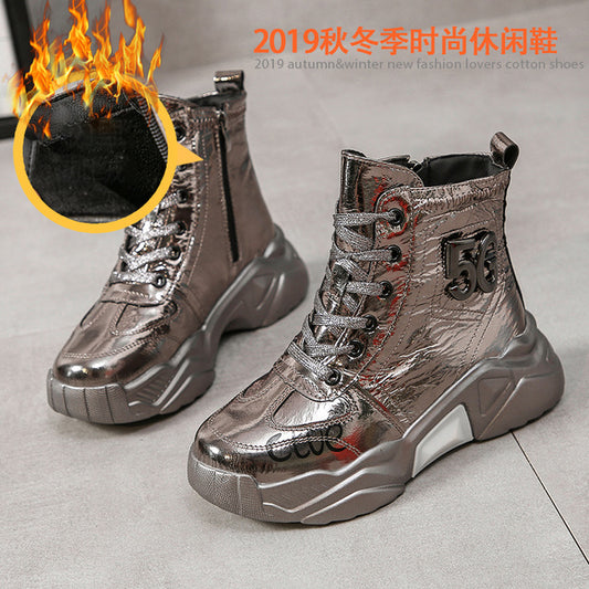 Platform Women Boots 2019 Winter Snow Boots Female Boots Bright Leather Warm Lace Flat with Women Shoes Tide Botas Mujer - LiveTrendsX