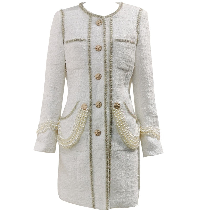 Autumn Fashion Designer Women Luxury Beads O-neck Tweed Coat Long Sleeve Elegant Fashion Party Overcoat Outwear - LiveTrendsX