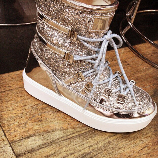 Fashion Rhinestones Lace Winter Snow Boots Women Sequins Warm Fur Boots Platform Wedge Shoes Woman Lace Up Bread Short Boots - LiveTrendsX