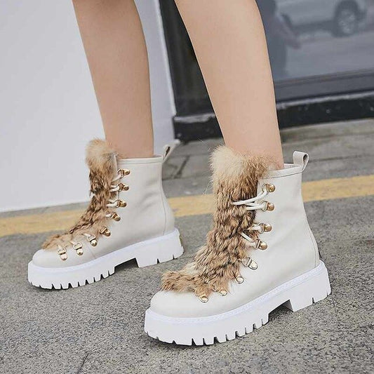 thick bottom cow leather rabbit fur boots fashion metal rivets round toe med heels winter keep warm ankle boots L57 - LiveTrendsX