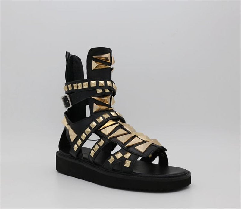 Summer High TOP Golden Rivets Gladiator Sandals Luxury Man Shoes real Picture genuine Leather dragon flats brand Handmade Shoes - LiveTrendsX