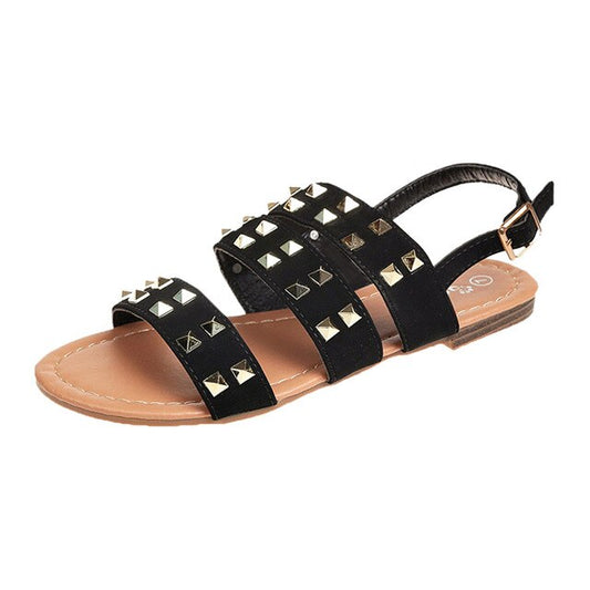 Nice Fashion Buckle-strap WoMen Shoes Summer Sandals Gladiator Open Toe Buckle Strap Flat With Rivets Women Shoes Sandals - LiveTrendsX