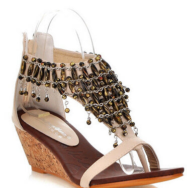 Rhinestone Bohemia Wedge Ankle Wrap Peep Toe Women Summer Sandals 2019 Crystal Lady Beading Flip Flops Plus Size 30-43 SXQ0505 - LiveTrendsX