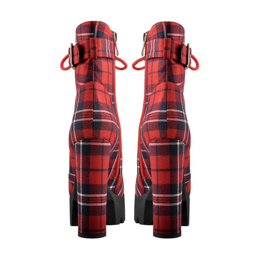 Women's Platform Ankle Boots Buckle Strap Chunky Heel Red Plaid Lace Up Side Zipper Round Toe Booties For Winter - LiveTrendsX