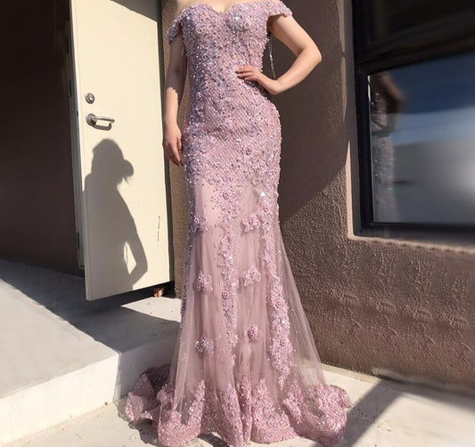 Pink Mermaid Boat Neck Sexy Evening Dresses 2020 Lace Pears Diamond Elegant Fashion Formal Evening Dress - LiveTrendsX