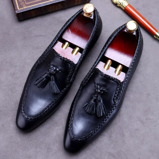 New Italian Genuine Leather Men's Comfortable Casual Loafers Pointed Toe Slip on Man Handmade Formal Tassels Shoes - LiveTrendsX