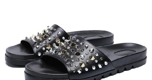 Men's Slippers flip flops Flat rivet Beach Fashion Outside Narrow Band Sewing Men Shoes Leisure cow leather Summer pantuflas - LiveTrendsX