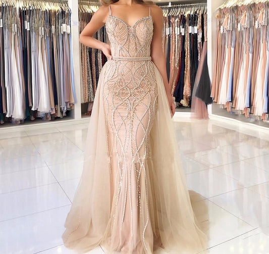 Dubai Luxury Pearls Crystal Evening Dresses Long 2020 White Nude Backless Mermaid Evening Gowns - LiveTrendsX