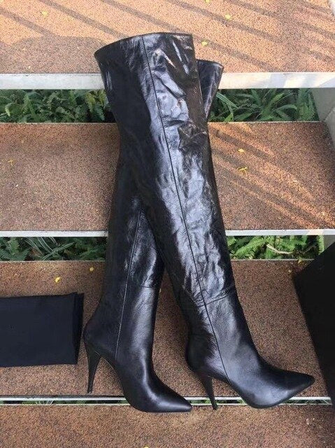 Thigh High Boots Women Chunky Heels Sexy Blue Genuine Leather Over-the-knee Pleated Long Boots - LiveTrendsX