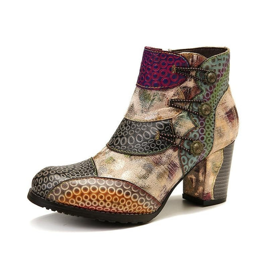 Embossed Boots Genuine Leather Retro Buckle Zipper High Heel Ankle Boots Elegant Shoes Women Shoes Botas Mujer 2020 - LiveTrendsX