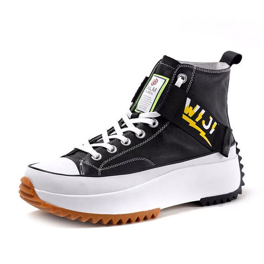 New High Top Platform Sneakers Black Unisex Genuine Leather Thick Sole Shoes Man Height Increase Chunky Shoes Walking Shoes Men - LiveTrendsX