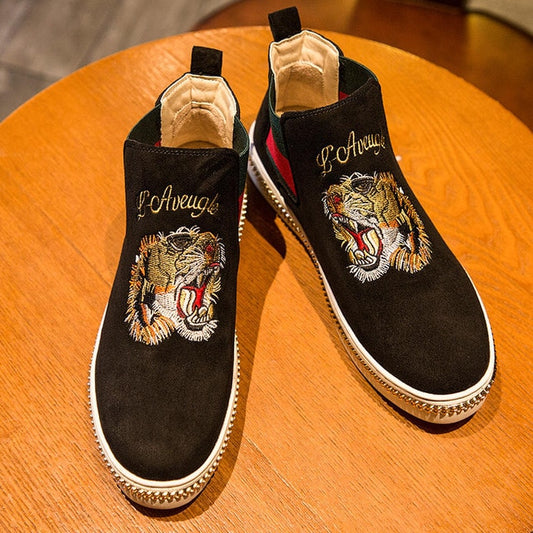 Autumn Winter Comfortable Suede Fashion Animal Embroidery Shoes Men Black Footwear Slip on High top Embroidered Men Shoes Casual - LiveTrendsX