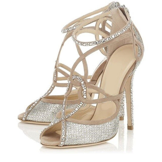 Shinning Crystal Twined Straps Hollow Out Sandals Woman Open Toe Stiletto High Heeled Wedding Dress Pumps Rhinestone Heeled Shoe - LiveTrendsX