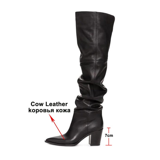 Winter Over the Knee Boots Women Natural Genuine Leather Thick High Heel Thigh High Boots Pleated Long Shoes Ladies Fall - LiveTrendsX