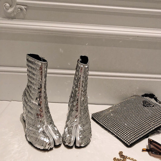 Chic Tabi Boots Women Luxury High Heels Botas Mujer Winter Sequin Ankle Boots Bling Botas Feminina Top Quality - LiveTrendsX