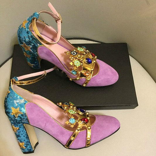 Pink Wine Red Kidsuede Women Pumps Rivets Rhinestone Crown Decor High Heels Mary Janes Flower Crystal Wedding Shoes for Ladies - LiveTrendsX