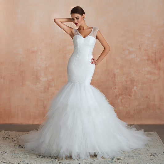 Women Mermaid Wedding Dresses 2019 Ruffles Tulle Sweetheart Cap Sleeves Sequin Beaded Bridal Dress - LiveTrendsX
