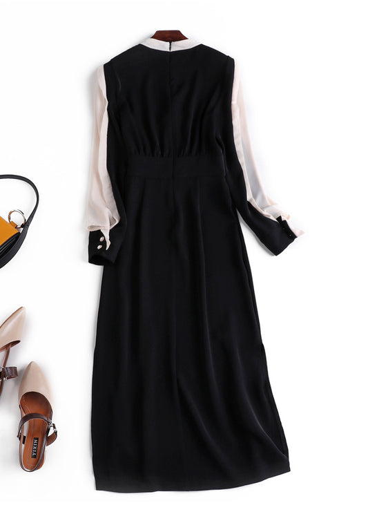 autumn new classic contrast color slim dress round neck long sleeve OL commuter long dresses step female - LiveTrendsX