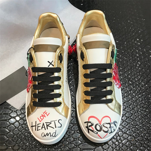 Rose Graffiti Rhinestone Flats Print Genuine Leather Sneakers Fashion Lace Up Quality Round Toe Ladies Loafer Shoes Women - LiveTrendsX