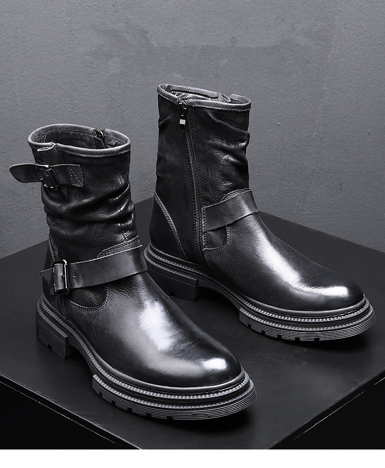 メンズ フルグレインレザー ピュアブラック モーターサイクルブーツ 冬