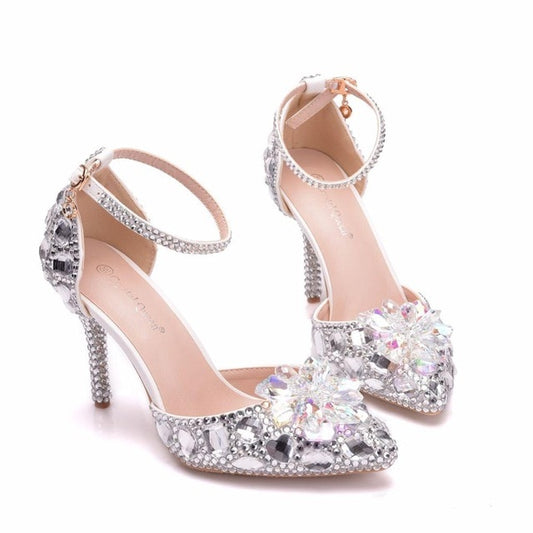 European Wedding Shoes Female White Drill Rhinestone Crystal Sandals Stiletto Pointed Bridal Shoes High Heels - LiveTrendsX
