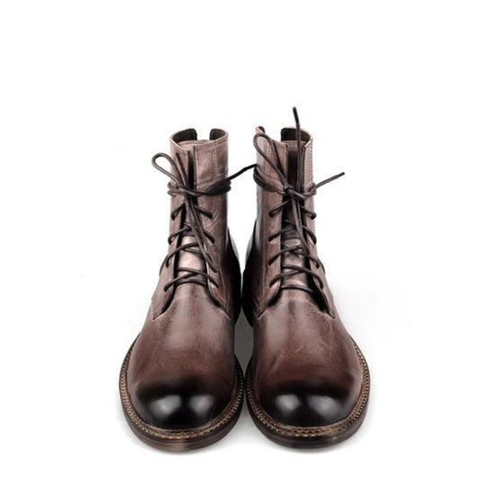 Men Lace-Up Cow Leather Cowboy Boots