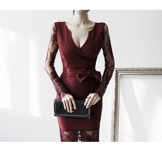 Autumn New Korean Version V-neck Long-Sleeved Dress Lace Patchwork Bow Tie Fashion Bodycon Pencil Dress Vestido - LiveTrendsX
