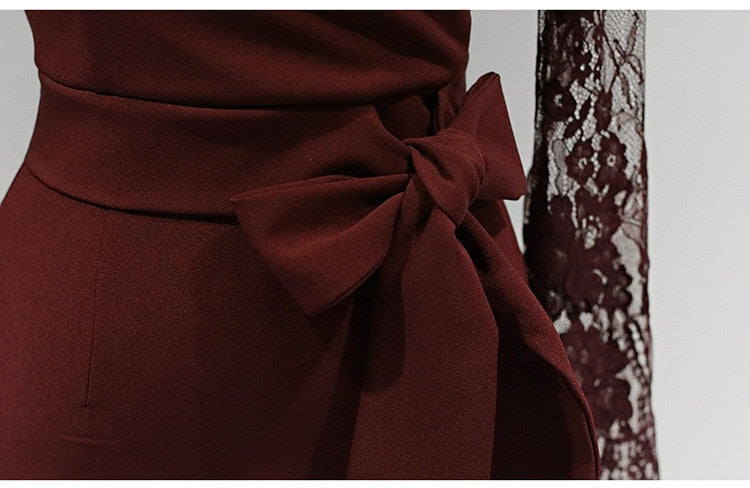 Autumn New Korean Version V-neck Long-Sleeved Dress Lace Patchwork Bow Tie Fashion Bodycon Pencil Dress Vestido - LiveTrendsX