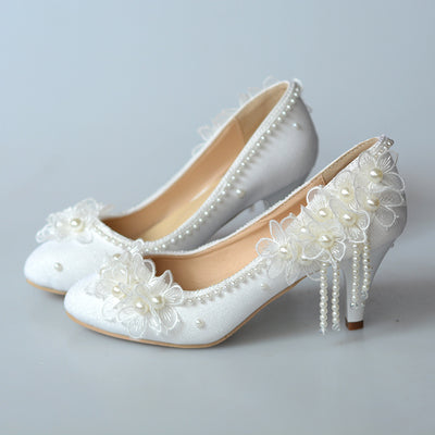 Bridesmaid shoes wedding dress lace white sweet flower tassel female womens shoes 6cm 8cm 11cm 14cm high heel Big size 43 - LiveTrendsX