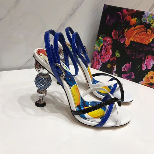 luxury mixed color sandals women cross strap genuine leather peep toe Crystal diamond spherical high heels party shoes - LiveTrendsX