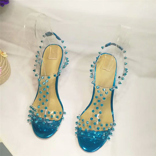 JAWAKYE Rainbow Color Studed PVC Sandals Stiletto High Heel Open Toe T-strap Party Shoes Women - LiveTrendsX