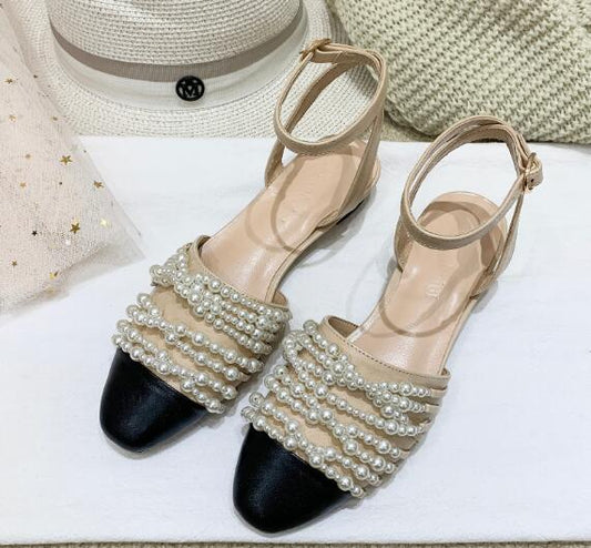 Newest Round Toe Woman Sandals White Pearls Beaded Ankle Strap Thick Heels Shoes Celebrity Cutouts Gladiator Sandal - LiveTrendsX