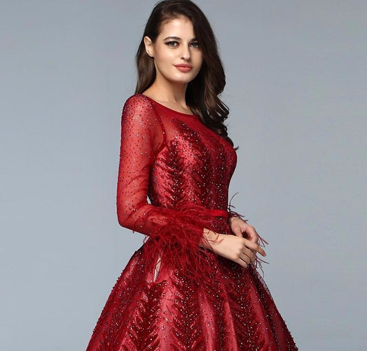 Luxury Wine Red Dubai Design Evening Dresses Long Sleeves Feathers Crystal Formal Dress 2020 - LiveTrendsX