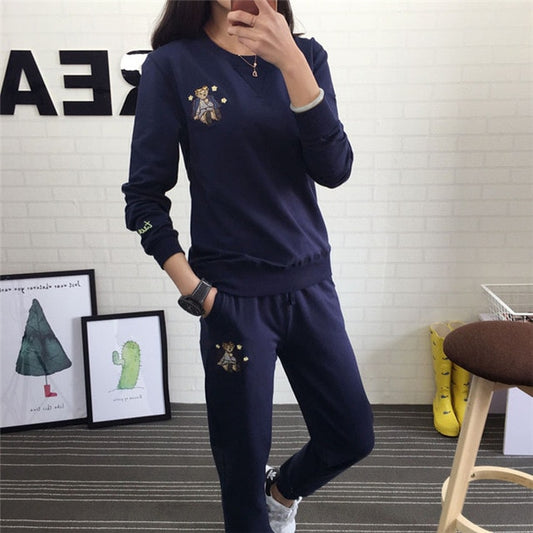 Hot Autumn Winter Tracksuit Long Sleeve Embroidery Cotton Sweatshirts Women 2 Piece Set Tops+Pants Sporting Suit Female - LiveTrendsX