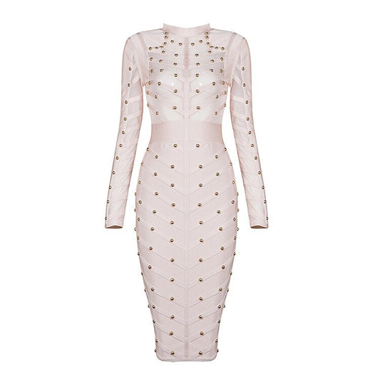 New Spring Celebrity Party Dress Women Knee Length Bodycon Dresses Sexy Mesh Long Sleeve Beaded Bandage Dresses - LiveTrendsX