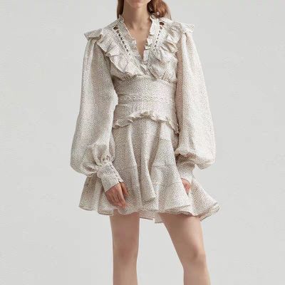 Autumn beige color ruffles mini dress backless sweet puff sleeve women dress beach holiday clothing - LiveTrendsX