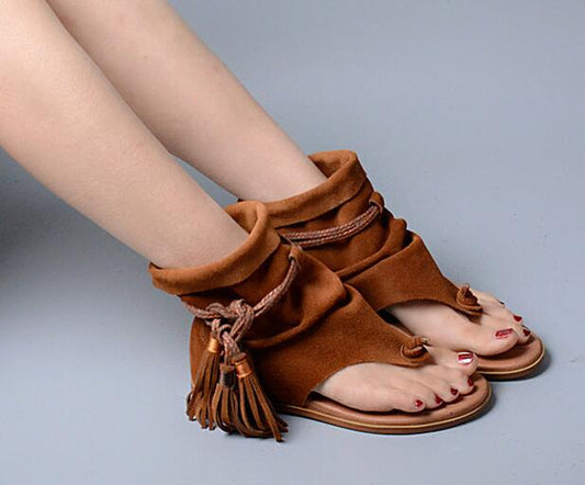 Bohemia Lady Summer Sandalias Thong Slip On Tassel Fringe High Quality Suede Leather Boots Sandal Femme Shoe - LiveTrendsX