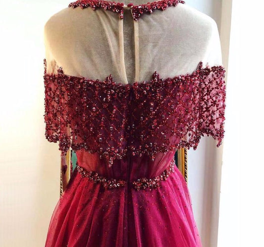 Blue O-Neck Diamond Sequins Sexy Evening Dresses 2020 Dubai Short Sleeves A-Line Formal Dress - LiveTrendsX