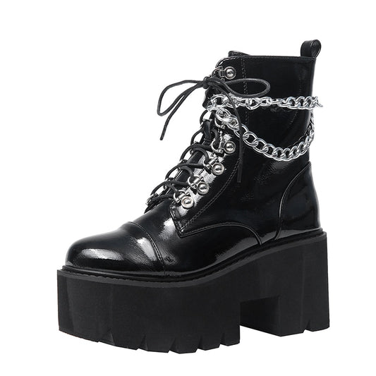 Patent Leather Gothic Black Boots Women Heel Sexy Chain Chunky Heel Platform Boots Female Punk Style Ankle Boots Zipper - LiveTrendsX