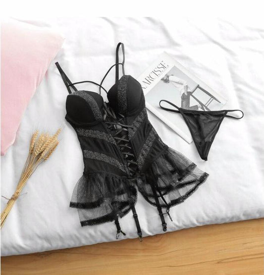 Black Sexy Fishbone Corset Underwire Push Up Bra Underwear Lace Temptation Bustier with Cup Lingerie Bondage Corsets Dress - LiveTrendsX