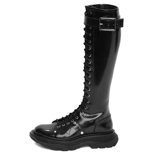 Leather Women's Knee High Boots 2020 Brand Design Winter Lace up Women Platform Boot Spring Ladies Chunky Shoes - LiveTrendsX