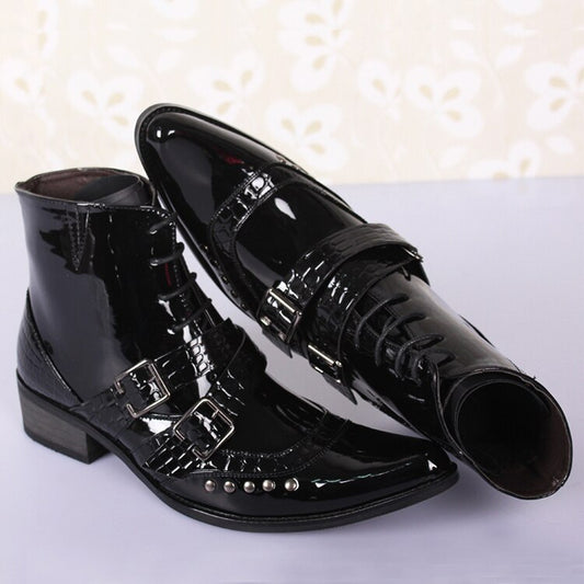 Black Patent PU Leather Chain Men Boots Mens Glossy Shoes Male Casual Buckle Ankle Motorcycle Boot Bota Masculina Pointed - LiveTrendsX