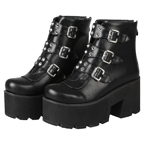 Sexy Rivet Womens Ankle Boots Platform Shoes High Heels Chunky Heel Gothic Black Leather Boots Lady Drop Ship Big Size 46 - LiveTrendsX